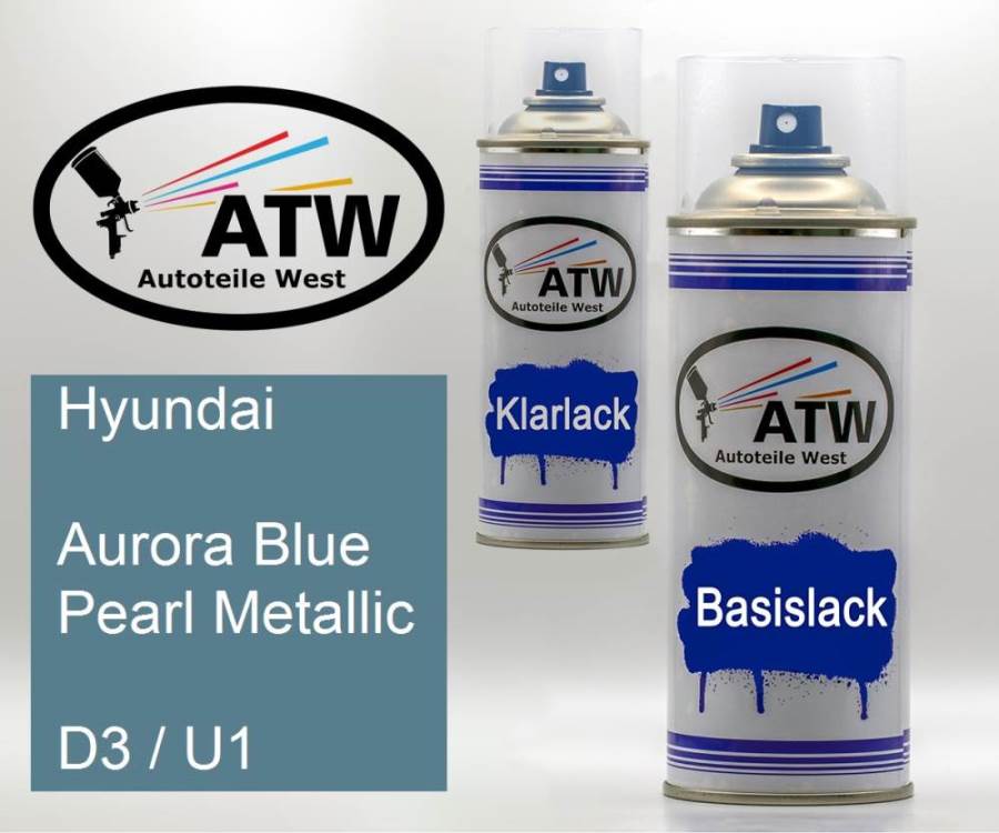 Hyundai, Aurora Blue Pearl Metallic, D3 / U1: 400ml Sprühdose + 400ml Klarlack - Set, von ATW Autoteile West.